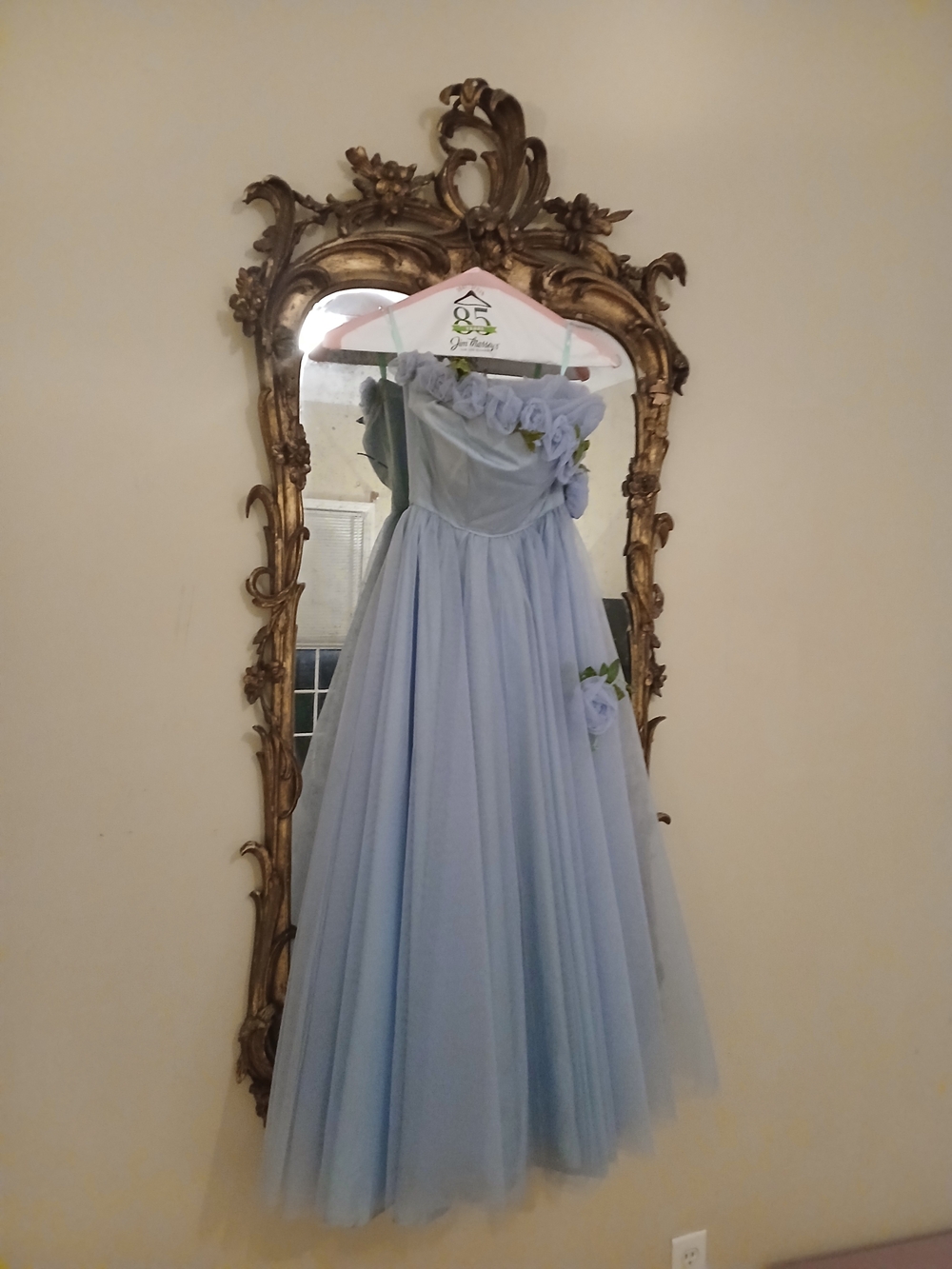 Bespoke Vintage Light Blue Floral Off-Shoulder Maxi Dress